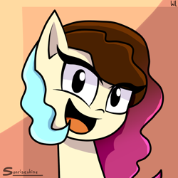 Size: 900x900 | Tagged: safe, artist:whitelie, oc, oc only, oc:sunriseshine, pony, blue hair, bust, looking at you, open mouth, pink hair, simple background, smiling, solo