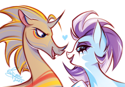 Size: 2652x1838 | Tagged: safe, artist:snowballflo, idw, crystal (g4), dust devil (idw), abada, kelpie, g4, bedroom eyes, black sclera, fangs, female, heart, looking at each other, mare, markings, nonbinary, open mouth, shipping, simple background, white background