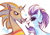 Size: 2652x1838 | Tagged: safe, artist:snowballflo, idw, crystal (g4), dust devil (idw), abada, kelpie, g4, bedroom eyes, black sclera, fangs, female, heart, looking at each other, mare, markings, nonbinary, open mouth, ship:crystaldevil, shipping, simple background, trixic, white background