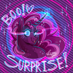Size: 2593x2593 | Tagged: safe, artist:snowballflo, pinkie pie, alicorn, pony, g4, alicornified, alternate hairstyle, female, glowing horn, high res, horn, magic, mare, markings, nightmare pinkie, nightmarified, open mouth, pinkiecorn, race swap, solo, xk-class end-of-the-world scenario