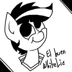 Size: 1000x1000 | Tagged: safe, artist:whitelie, oc, oc only, oc:white lie, clothes, jacket, looking up, monochrome, shirt, simple background, smiling, spanish, text
