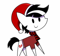 Size: 1172x1080 | Tagged: safe, artist:whitelie, oc, oc:white lie, pony, chibi, christmas, clothes, hat, holiday, pointy ponies, santa hat, scarf, shirt, simple background, smiling, white background