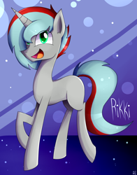 Size: 1100x1400 | Tagged: safe, artist:whitelie, oc, oc only, oc:rikki, pony, unicorn, looking at you, open mouth, simple background, smiling