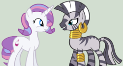Size: 1198x648 | Tagged: safe, artist:jadeharmony, artist:kingbases, potion nova, zecora, pony, unicorn, zebra, g4, g4.5, my little pony: pony life, base used, bracelet, duo, ear piercing, earring, female, g4.5 to g4, gray background, grin, jewelry, looking at each other, mare, missing cutie mark, neck rings, piercing, simple background, smiling