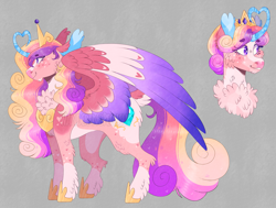 Size: 2159x1636 | Tagged: safe, artist:wanderingpegasus, princess cadance, alicorn, pony, g4, alternate hairstyle, blaze (coat marking), blushing, chest fluff, chest freckles, coat markings, concave belly, crown, curved horn, facial markings, female, fluffy, freckles, gray background, heart, heart horn, heart shaped, hoof shoes, horn, jewelry, mare, markings, pale belly, redesign, regalia, simple background, solo