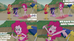 Size: 1280x720 | Tagged: safe, edit, edited screencap, editor:quoterific, screencap, pinkie pie, sci-twi, sunset shimmer, twilight sparkle, equestria girls, g4, my little pony equestria girls: better together, x marks the spot, armpits, beach, clothes, eyes closed, feet, female, geode of sugar bombs, geode of telekinesis, jewelry, magical geodes, necklace, one-piece swimsuit, sandals, screaming, swimsuit