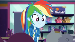 Size: 3410x1920 | Tagged: safe, screencap, rainbow dash, dashing through the mall, equestria girls, equestria girls series, g4, holidays unwrapped, spoiler:eqg series (season 2), clothes, cute, cutie mark, cutie mark on clothes, dashabetes, female, geode of super speed, hoodie, jewelry, magical geodes, necklace, smiling, solo