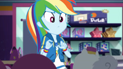 Size: 3410x1920 | Tagged: safe, screencap, rainbow dash, dashing through the mall, equestria girls, equestria girls series, g4, holidays unwrapped, spoiler:eqg series (season 2), clothes, cutie mark, cutie mark on clothes, female, geode of super speed, hoodie, jewelry, magical geodes, necklace, solo