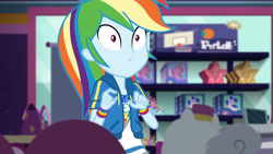 Size: 3410x1920 | Tagged: safe, screencap, rainbow dash, dashing through the mall, equestria girls, equestria girls specials, g4, my little pony equestria girls: better together, my little pony equestria girls: holidays unwrapped, clothes, cutie mark, cutie mark on clothes, female, geode of super speed, hoodie, jewelry, magical geodes, necklace, solo, wide eyes