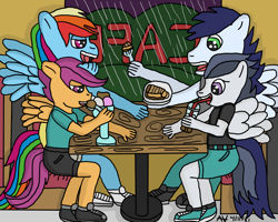 Size: 1024x820 | Tagged: safe, artist:kitsune85, rainbow dash, rumble, scootaloo, soarin', anthro, g4, cafe, clothes, double date, eating, female, food, ice cream, male, pie, rain, ship:rumbloo, ship:soarindash, shipping, shoes, sitting, soda, straight