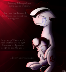 Size: 1300x1400 | Tagged: safe, artist:whitelie, oc, oc only, oc:white lie, crying, foal, hug, sitting, text