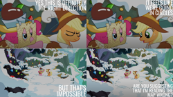 Size: 1280x720 | Tagged: safe, edit, edited screencap, editor:quoterific, screencap, applejack, chancellor puddinghead, pinkie pie, smart cookie, earth pony, pony, g4, hearth's warming eve (episode), season 2, eyes closed, female, mare, snow