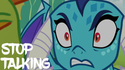 Size: 1280x720 | Tagged: safe, edit, edited screencap, editor:quoterific, screencap, princess ember, thorax, changedling, changeling, dragon, triple threat, angry, female, king thorax, male, mare, solo focus, stallion, stop talking