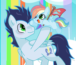 Size: 1039x893 | Tagged: safe, artist:galaxy-sparkleyt, soarin', oc, oc:stardash, pony, g4, base used, father and child, father and daughter, female, holding a pony, like father like daughter, like parent like child, male, offspring, parent:rainbow dash, parent:soarin', parents:soarindash