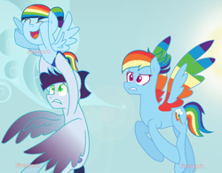 Size: 1014x792 | Tagged: safe, artist:firesparkmlp, rainbow dash, soarin', oc, oc:rainbow power, g4, base used, colored wings, female, filly, flying, male, offspring, parent:rainbow dash, parent:soarin', parents:soarindash, ship:soarindash, shipping, straight, watermark, wings