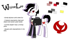 Size: 2560x1440 | Tagged: safe, artist:whitelie, oc, oc only, oc:white lie, bracelet, choker, clothes, cutie mark, jacket, jewelry, reference sheet, shirt, simple background, spiked choker, text, transparent background