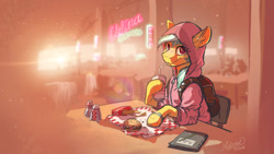Size: 1492x839 | Tagged: safe, artist:helmie-art, oc, oc only, oc:karoline skies, earth pony, pony, backpack, bendy straw, burger, chair, clothes, cup, drinking straw, ear fluff, female, food, french fries, hoodie, looking at you, mare, notebook, sitting, solo