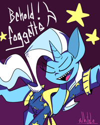 Size: 1200x1500 | Tagged: safe, artist:whitelie, trixie, g4, clothes, eyes closed, jacket, open mouth, posing for photo, sharp teeth, simple background, slur, smiling, speech bubble, stars, teeth, text