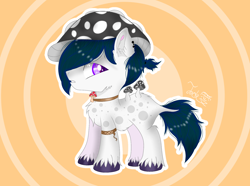 Size: 1650x1226 | Tagged: source needed, useless source url, safe, artist:jadebreeze115, earth pony, hybrid, original species, pony, bracelet, chest fluff, ear fluff, ear piercing, hat, jewelry, looking at you, male, mushroom, necklace, piercing, ponytail, purple eyes, simple background, solo, spotted, stallion, standing, unshorn fetlocks