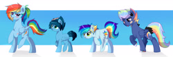 Size: 4242x1414 | Tagged: safe, artist:kraytt-05, rainbow dash, oc, oc:chasing cloud, oc:philadelfia, oc:rainbow thunder, g4, backwards cutie mark, bandaid, colt, female, male, mother and child, mother and son, multicolored hair, multicolored hooves, offspring, parent:rainbow dash, parent:soarin', parents:soarindash, rainbow hair, scar