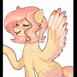 Size: 900x900 | Tagged: safe, artist:choisky13, fluttershy, pegasus, pony, g4, alternate hairstyle, deviantart watermark, female, mare, markings, obtrusive watermark, open mouth, raised hoof, redesign, simple background, solo, watermark, white background