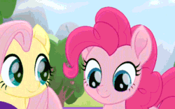 Size: 448x279 | Tagged: safe, screencap, fluttershy, pinkie pie, earth pony, pegasus, pony, rainbow roadtrip, animated, cropped, cute, diapinkes, eyes closed, female, gif, hug, mare, shyabetes, smiling