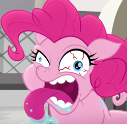 Size: 1102x1080 | Tagged: safe, screencap, pinkie pie, earth pony, pony, g4, rainbow roadtrip, bloodshot eyes, close-up, crazy face, cropped, disturbing, drool, faic, female, horrifying, jesus christ how horrifying, mare, mawshot, open mouth, pinkie pie is best facemaker, simpsons did it, terrorize, tongue out, uvula