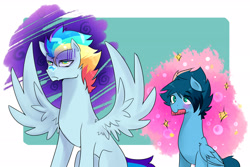 Size: 3000x2000 | Tagged: safe, artist:kraytt-05, oc, oc:chasing cloud, oc:philadelfia, pony, annoyed, brothers, comb, duo, high res, male, mouth hold, offspring, parent:rainbow dash, parent:soarin', parents:soarindash, siblings, spread wings, stallion, wings