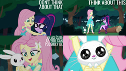 Size: 1280x720 | Tagged: safe, edit, edited screencap, editor:quoterific, screencap, angel bunny, fluttershy, sci-twi, twilight sparkle, rabbit, equestria girls, equestria girls series, g4, stressed in show, stressed in show: fluttershy, angelbetes, animal, boots, bowtie, clothes, cute, cutie mark, cutie mark on clothes, female, forest, geode of fauna, geode of telekinesis, glasses, hairpin, jewelry, magical geodes, male, mud, necklace, ponytail, shoes