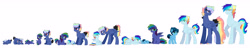 Size: 5475x1095 | Tagged: safe, artist:kraytt-05, oc, oc:chasing cloud, oc:gale, oc:philadelfia, oc:rainbow thunder, pony, age progression, baby, baby pony, brothers, colt, female, filly, male, offspring, parent:rainbow dash, parent:soarin', parents:soarindash, siblings, simple background, white background
