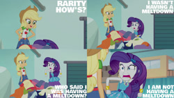 Size: 1280x720 | Tagged: safe, edit, edited screencap, editor:quoterific, screencap, applejack, rarity, equestria girls, equestria girls specials, g4, my little pony equestria girls: better together, my little pony equestria girls: rollercoaster of friendship, angry, applejack's hat, belt, boots, bracelet, clothes, cowboy boots, cowboy hat, cutie mark, cutie mark on clothes, denim skirt, geode of shielding, geode of super strength, hairpin, hat, jewelry, magical geodes, marshmelodrama, meltdown, necklace, rage, rarirage, rarity being rarity, rarity peplum dress, shoes, skirt