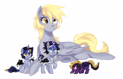 Size: 2800x1800 | Tagged: safe, artist:kraytt-05, derpy hooves, oc, alicorn, bat pony, pony, g4, alicorn oc, bat pony oc, colt, derp, female, filly, freckles, frog (hoof), heterochromia, horn, lying down, magical lesbian spawn, male, mother and child, offspring, parent:derpy hooves, parent:princess luna, parents:lunaderp, prone, simple background, underhoof, white background, wings
