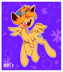 Size: 1349x1532 | Tagged: safe, artist:whitelie, oc, oc only, oc:trucker, pony, cap, flying, hat, open mouth, sharp teeth, simple background, smiling, solo, teeth