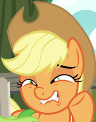 Size: 667x843 | Tagged: safe, screencap, applejack, earth pony, pony, going to seed, applejack is best facemaker, applejack's hat, bag, cowboy hat, cringing, cropped, faic, female, great moments in animation, hat, lip bite, mare, saddle bag