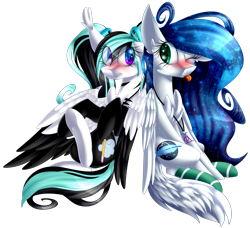 Size: 2567x2337 | Tagged: safe, artist:mediasmile666, oc, oc only, pegasus, pony, :p, blushing, clothes, duo, ear fluff, female, high res, jewelry, looking at each other, mare, pendant, simple background, socks, starry eyes, tongue out, transparent background, two toned wings, underhoof, wingding eyes, wings