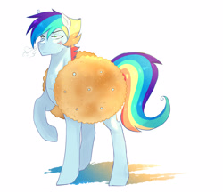 Size: 2300x2000 | Tagged: safe, artist:kraytt-05, oc, oc only, oc:philadelfia, pegasus, pony, breath, clothes, costume, cross-popping veins, food, food cosutme, high res, male, multicolored hair, offspring, parent:rainbow dash, parent:soarin', parents:soarindash, rainbow hair, raised hoof, simple background, snorting, stallion, white background