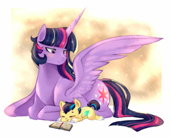 Size: 2500x2000 | Tagged: safe, artist:kraytt-05, twilight sparkle, oc, oc:light sword, alicorn, pegasus, pony, g4, blank flank, book, colt, duo, female, high res, lying down, male, mama twilight, mare, mother and child, mother and son, offspring, one wing out, parent:flash sentry, parent:twilight sparkle, parents:flashlight, prone, sleeping, twilight sparkle (alicorn), wings