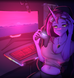 Size: 4000x4200 | Tagged: safe, artist:ruvik669, oc, oc only, oc:twilight garrison, anthro, belly button, big breasts, breasts, chair, cleavage, computer, controller, destiny (video game), gamer, gaming chair, goggles, jewelry, keyboard, midriff, monitor, necklace, office chair, pc, playstation, rgb, solo