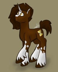 Size: 1080x1350 | Tagged: safe, artist:random_glitter_productions, doctor whooves, time turner, pony, unicorn, g4, alternate design, brown background, horn, looking up, male, raised hoof, signature, simple background, smiling, solo, stallion, unshorn fetlocks