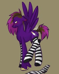 Size: 1080x1350 | Tagged: safe, artist:random_glitter_productions, oc, oc only, pegasus, pony, blushing, brown background, clothes, embarrassed, pegasus oc, signature, simple background, socks, solo, striped socks, unshorn fetlocks, wings