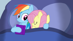 Size: 1920x1080 | Tagged: safe, artist:kazamacat, fluttershy, rainbow dash, pegasus, pony, fanfic:the master mev, g4, bed, book, cuddling, fanfic art, female, lesbian, ship:flutterdash, shipping, show accurate, sweet