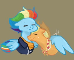 Size: 1080x873 | Tagged: safe, artist:random_glitter_productions, applejack, rainbow dash, earth pony, pegasus, pony, g4, the last problem, clothes, duo, eyes closed, female, freckles, hat, hug, lesbian, mare, older, older applejack, older rainbow dash, ship:appledash, shipping, signature, winghug, wings