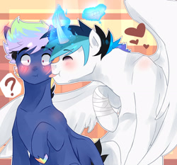Size: 2535x2366 | Tagged: safe, artist:kraytt-05, oc, oc only, oc:rainbow thunder, oc:zero fire, alicorn, pegasus, pony, alicorn oc, bandaid, blushing, gay, heart, high res, horn, licking, male, multicolored hair, multicolored hooves, oc x oc, offspring, offspring shipping, parent:princess cadance, parent:rainbow dash, parent:shining armor, parent:soarin', parents:shiningcadance, parents:soarindash, plaid background, question mark, rainbow hair, shipping, stallion, tongue out, wings