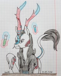 Size: 2730x3366 | Tagged: safe, artist:agdapl, kirin, bust, crossover, glasses, glowing horn, graph paper, high res, hoof fluff, horn, kirin-ified, leonine tail, magic, male, medic, medic (tf2), potion, signature, smiling, solo, species swap, team fortress 2, telekinesis, traditional art, vial