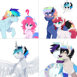 Size: 2000x2000 | Tagged: safe, artist:kraytt-05, oc, oc only, oc:blaze warm, oc:bubble gum, oc:chaos solar, oc:intimidating fang, oc:philadelfia, oc:rainbow thunder, oc:zero fire, alicorn, dracony, earth pony, hybrid, pegasus, pony, unicorn, alicorn oc, bandaid, blushing, cross-popping veins, female, high res, horn, interspecies offspring, licking, long tongue, male, mare, offspring, parent:discord, parent:double diamond, parent:pinkie pie, parent:pokey pierce, parent:princess cadance, parent:princess celestia, parent:rainbow dash, parent:rarity, parent:shining armor, parent:soarin', parent:spike, parent:sunset shimmer, parents:dislestia, parents:doublesunset, parents:pokeypie, parents:shiningcadance, parents:soarindash, parents:sparity, simple background, stallion, tongue out, wavy mouth, white background, wings