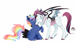 Size: 3239x1851 | Tagged: safe, artist:kraytt-05, oc, oc only, oc:hunting love, oc:rainbow thunder, changepony, hybrid, pegasus, pony, blushing, duo, interspecies offspring, magical lesbian spawn, male, multicolored hair, multicolored hooves, offspring, parent:princess cadance, parent:queen chrysalis, parent:rainbow dash, parent:soarin', parents:cadalis, parents:soarindash, rainbow hair, simple background, stallion, white background