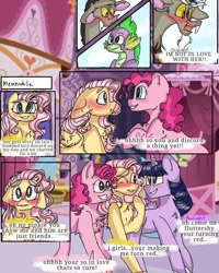 Size: 899x1123 | Tagged: safe, artist:cocolove2176, discord, fluttershy, pinkie pie, spike, twilight sparkle, alicorn, draconequus, dragon, earth pony, pegasus, pony, comic:fluttering chaos, g4, blushing, comic, crossed arms, denial, dialogue, embarrassed, flying, grin, implied discoshy, implied shipping, implied straight, indoors, male, one eye closed, outdoors, smiling, twilight sparkle (alicorn), wink