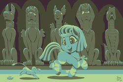 Size: 4200x2800 | Tagged: safe, artist:wispy tuft, oc, oc:mummydew, beetle, crocodile, gerbil, insect, jerboa, mouse, pony, sphinx, ankh, anubis, bandage, crypt, egyptian, egyptian pony, female, filly, foal, jewelry, playing, scarab, statue, wholesome
