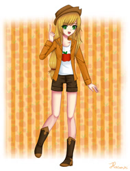 Size: 800x1052 | Tagged: safe, artist:haseshi, applejack, human, g4, anime, boots, clothes, happy, human coloration, humanized, open mouth, shirt, shoes, shorts, solo