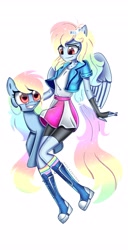 Size: 2089x4096 | Tagged: safe, artist:opal_radiance, rainbow dash, pegasus, pony, equestria girls, g4, alternate hairstyle, boots, clothes, compression shorts, duo, duo female, female, fingerless gloves, gloves, grin, high res, jacket, looking at each other, looking at someone, mare, ponied up, rainbow socks, self paradox, self ponidox, shoes, simple background, skirt, smiling, smiling at each other, socks, spread wings, striped socks, tank top, white background, wings